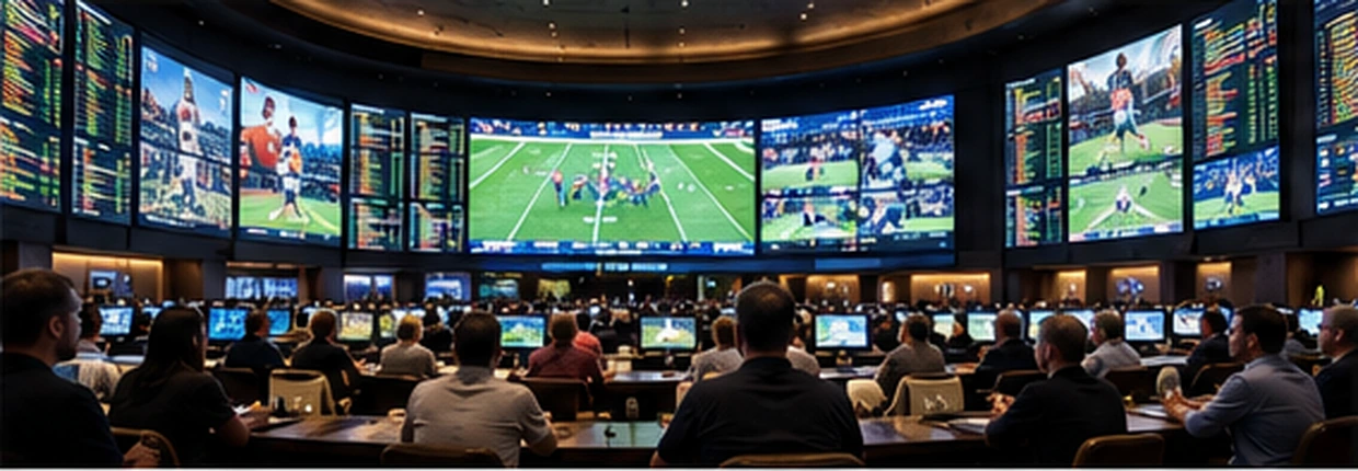 Modern regulated sportsbook video wall displaying odds and state-licensed betting terminals