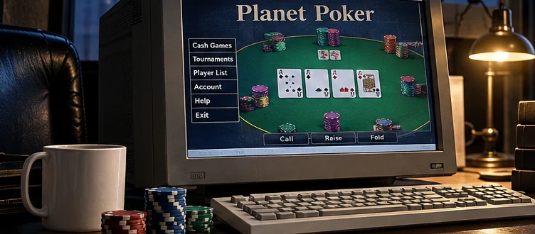 Vintage computer display showing online poker room cards and digital chips