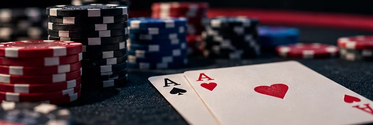 Stacks of professional tournament poker chips and tournament cards