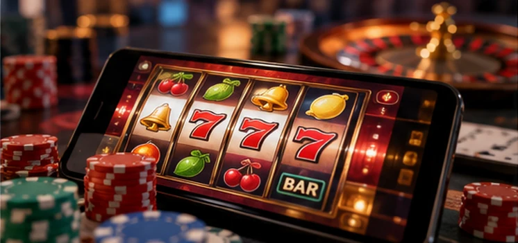 Commercial casino floor displaying regulated slot machine terminals and table games