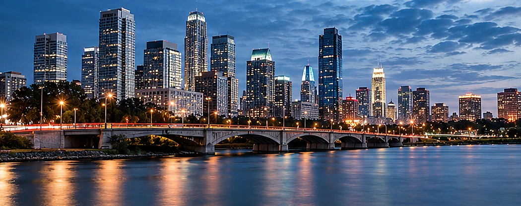 Metropolitan skyline showing microwave telecommunications towers and data conduits